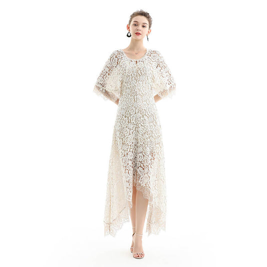 JJparty-D078 Women floral lace cape sleeve flared asymmetric hem midi evening dress