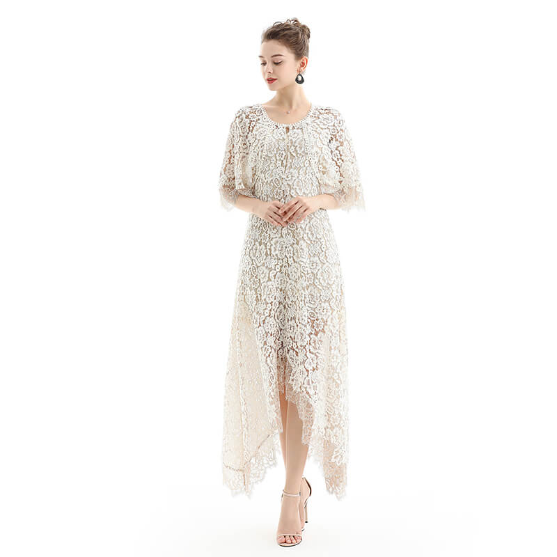 JJparty-D078 Women floral lace cape sleeve flared asymmetric hem midi evening dress