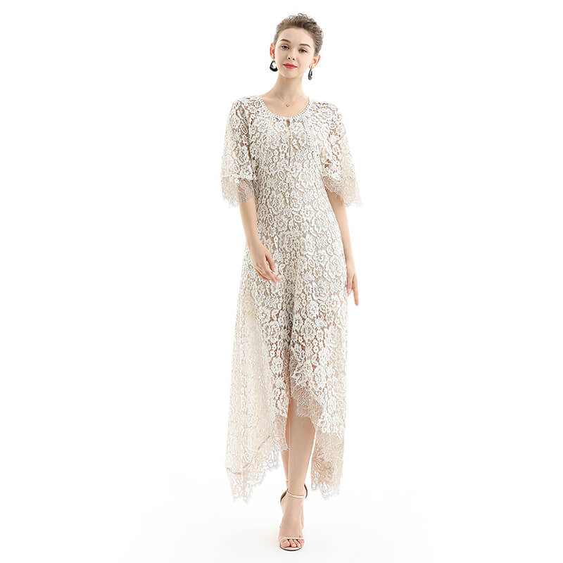 JJparty-D078 Women floral lace cape sleeve flared asymmetric hem midi evening dress