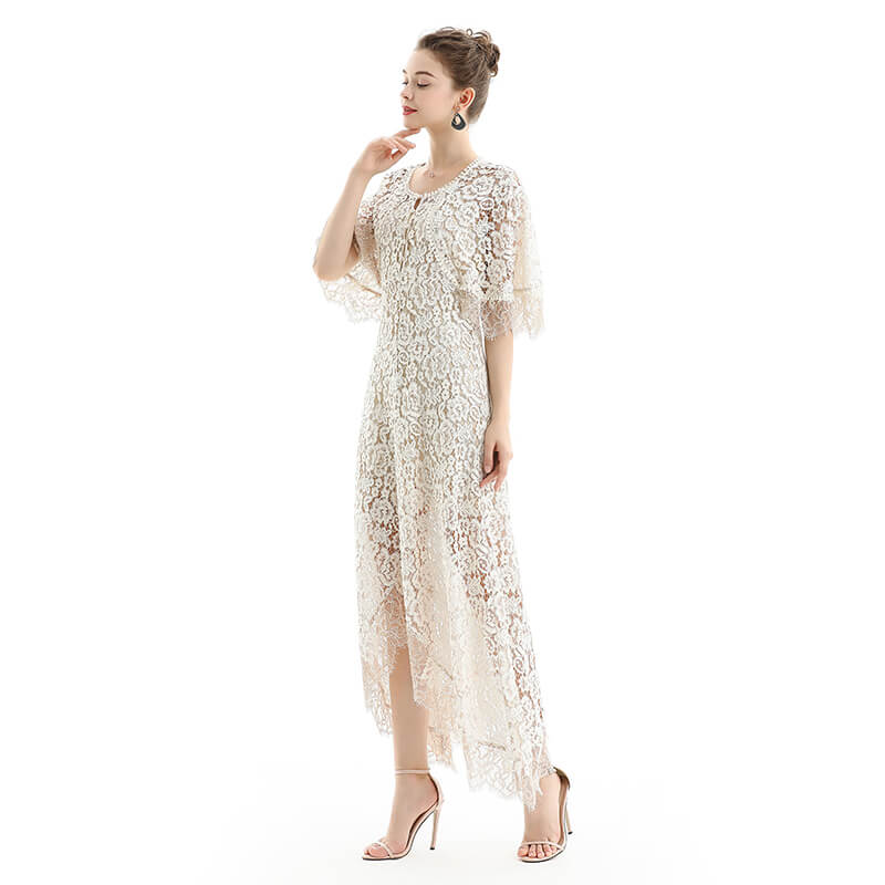 JJparty-D078 Women floral lace cape sleeve flared asymmetric hem midi evening dress