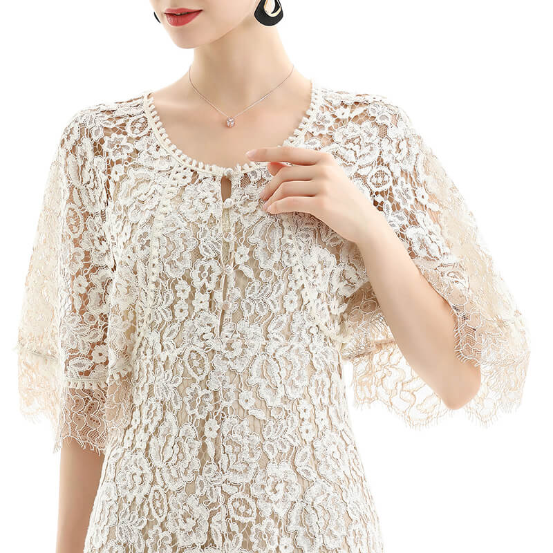 JJparty-D078 Women floral lace cape sleeve flared asymmetric hem midi evening dress
