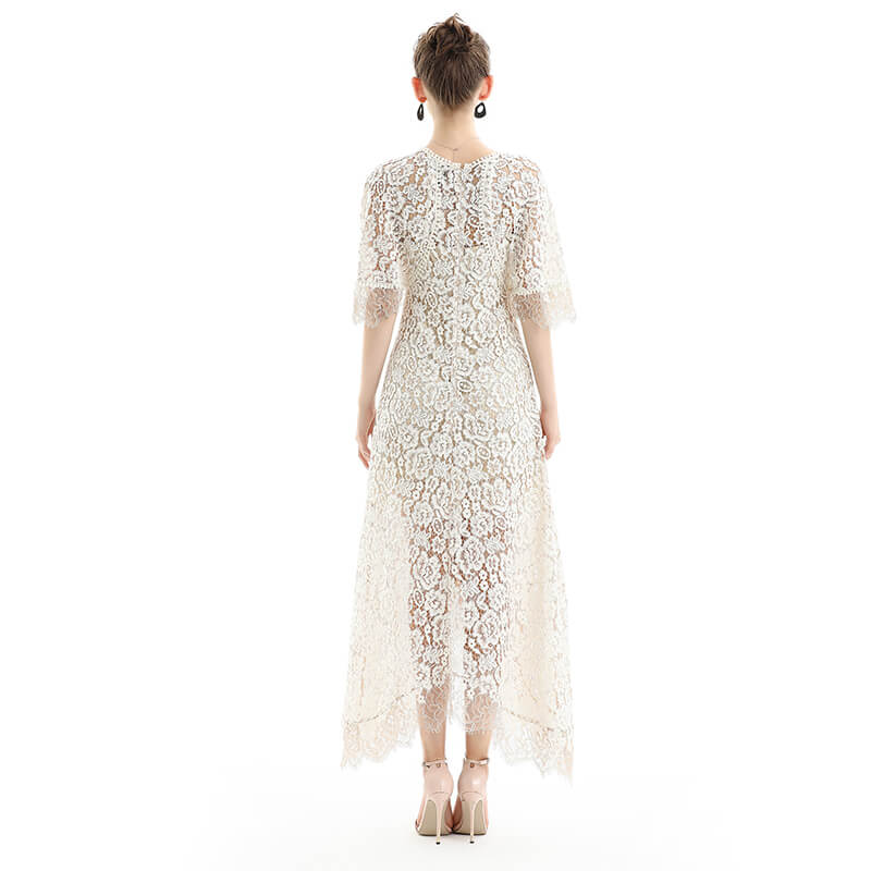 JJparty-D078 Women floral lace cape sleeve flared asymmetric hem midi evening dress