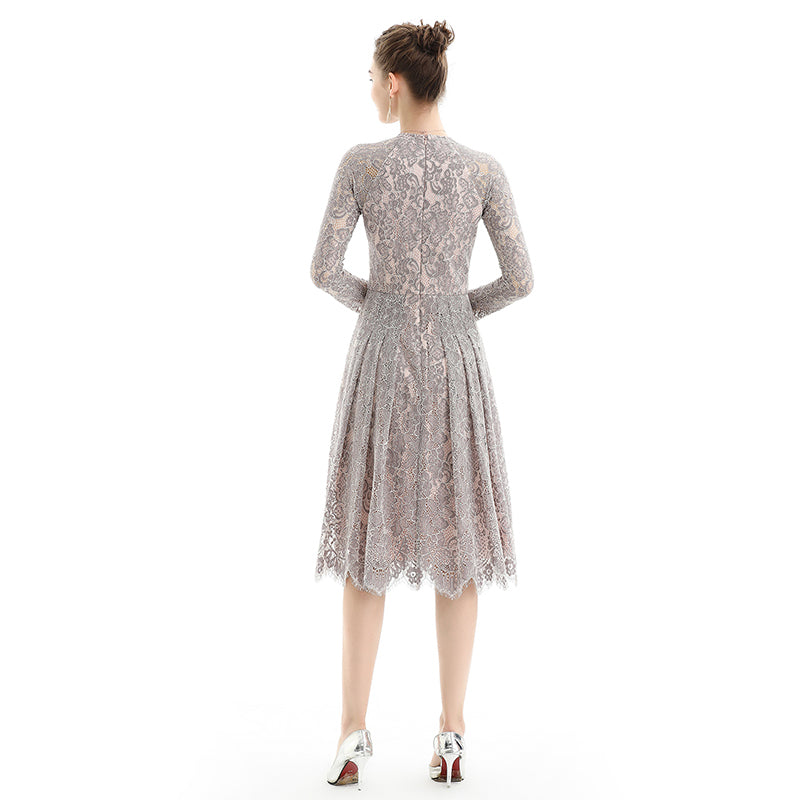 JJparty-D080-4 Women peony flower scallop lace long sleeves flared pleated party midi dress