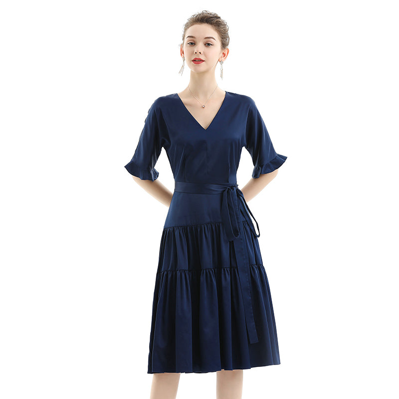 JJparty-D081 Women solid satin short sleeves tiered midi day dress