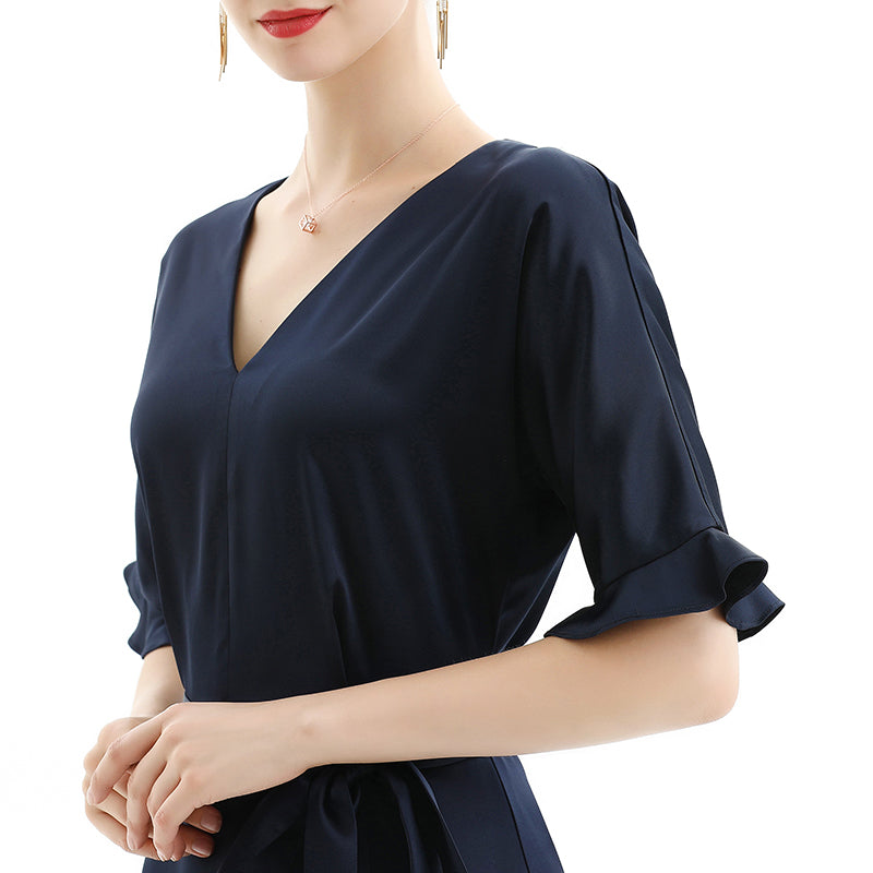 JJparty-D081 Women solid satin short sleeves tiered midi day dress