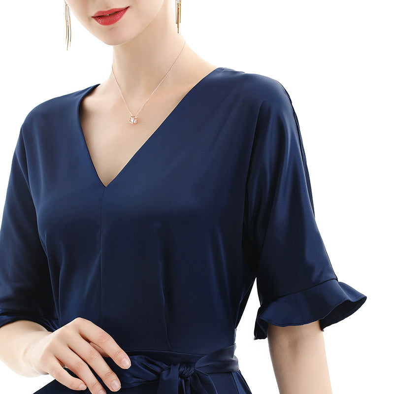 JJparty-D081 Women solid satin short sleeves tiered midi day dress