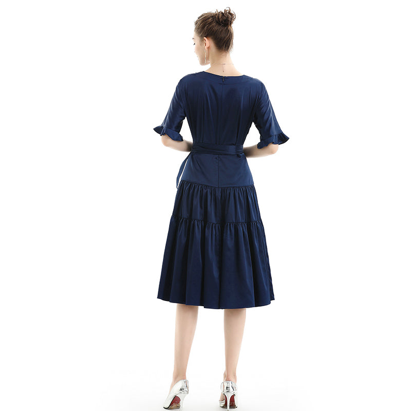 JJparty-D081 Women solid satin short sleeves tiered midi day dress