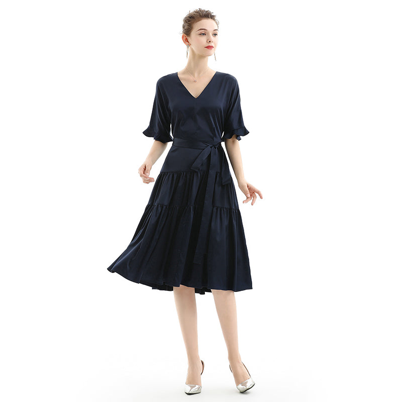 JJparty-D081 Women solid satin short sleeves tiered midi day dress