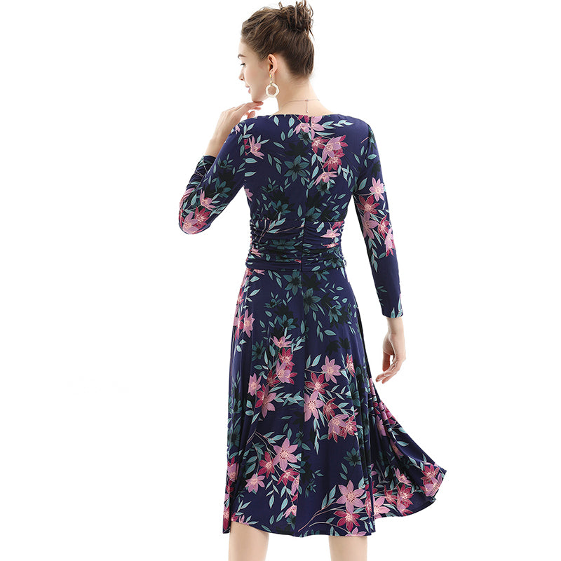 JJparty-D082 Women floral print knit three-quarter sleeve mock wrap midi day dress
