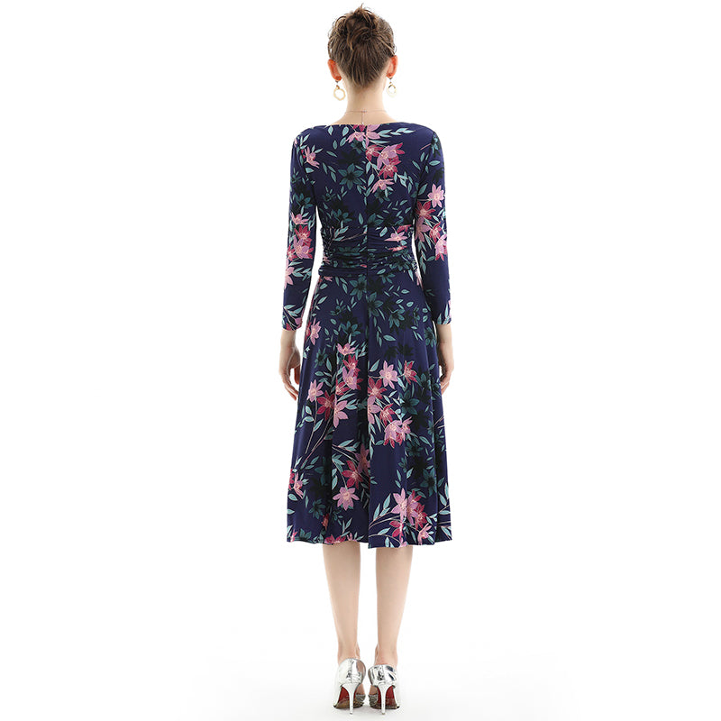 JJparty-D082 Women floral print knit three-quarter sleeve mock wrap midi day dress