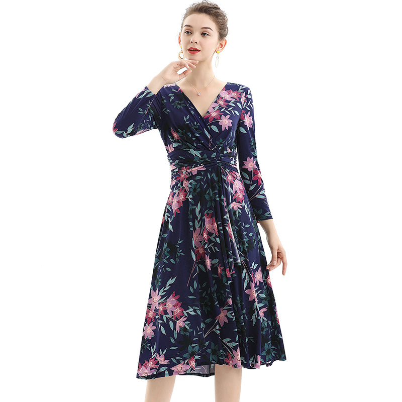 JJparty-D082 Women floral print knit three-quarter sleeve mock wrap midi day dress