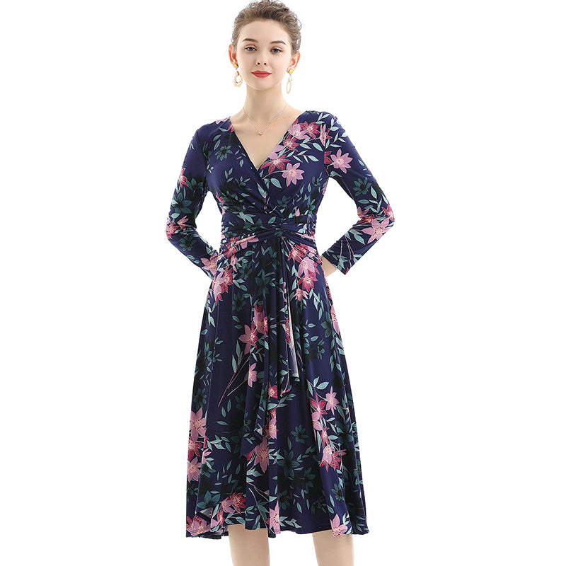 JJparty-D082 Women floral print knit three-quarter sleeve mock wrap midi day dress