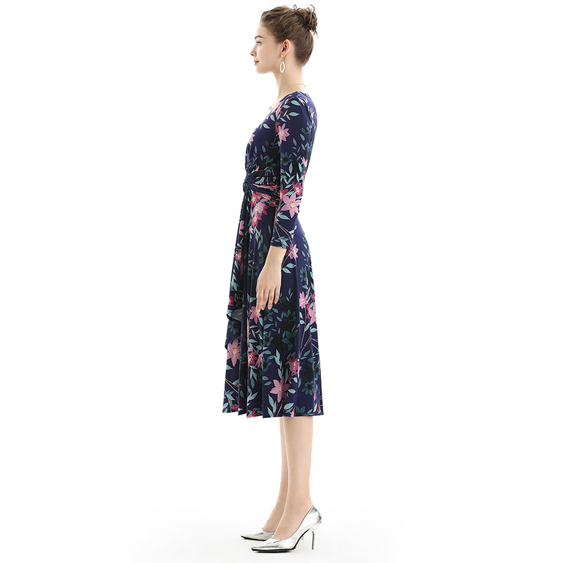 JJparty-D082 Women floral print knit three-quarter sleeve mock wrap midi day dress