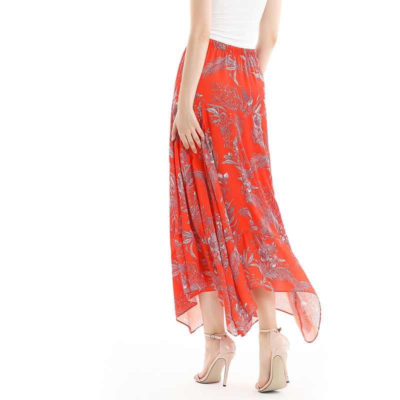 JJparty-S068 Women floral print asymmetric panelled long flare handkerchief skirt