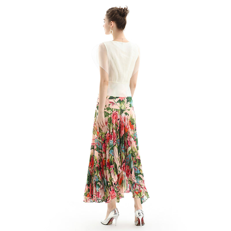 JJparty-S069-2 Women floral print panelled asymmetric pleated ruffle long flare skirt