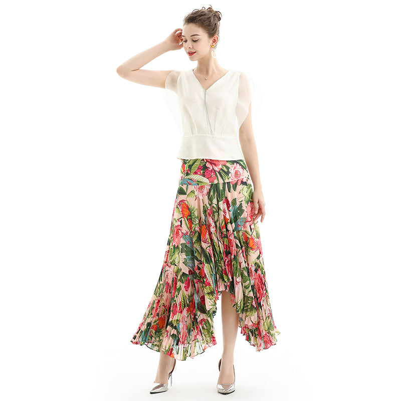JJparty-S069-2 Women floral print panelled asymmetric pleated ruffle long flare skirt