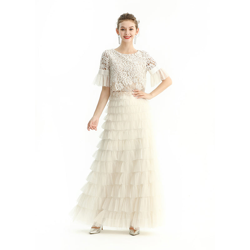 JJparty-S212 Women solid tulle-layered maxi party skirt
