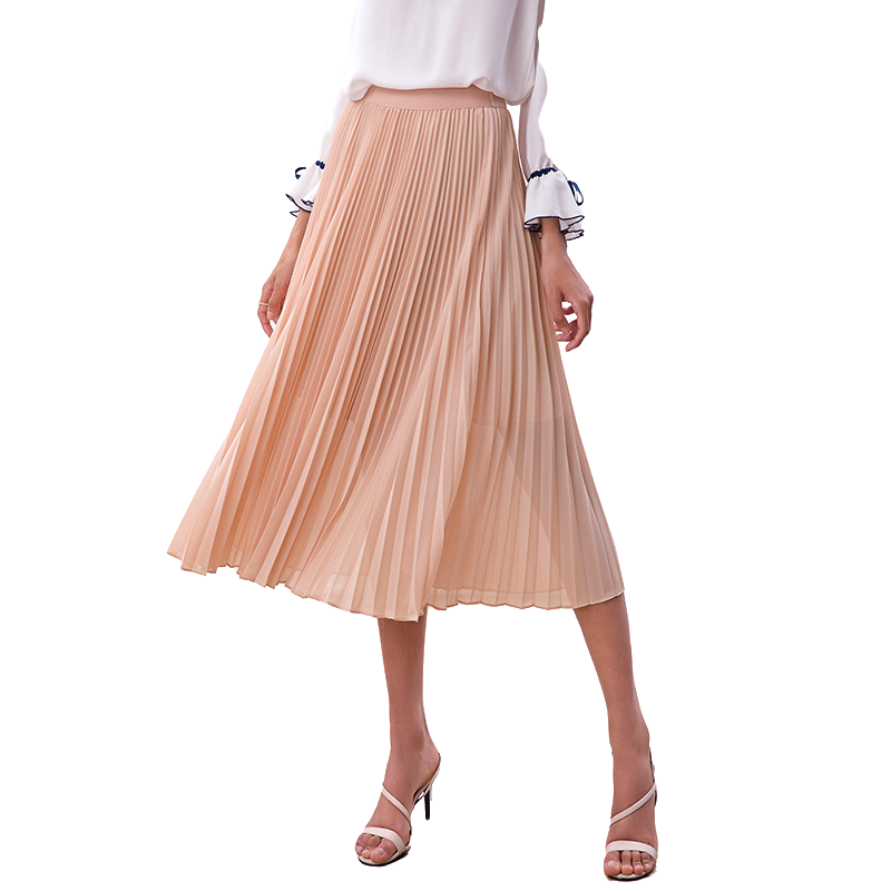 JJparty-S280L Women solid chiffon elasticated waist full circle sunburst pleated midi casual skirt
