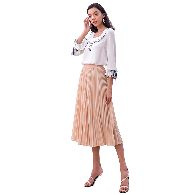 JJparty-S280L Women solid chiffon elasticated waist full circle sunburst pleated midi casual skirt