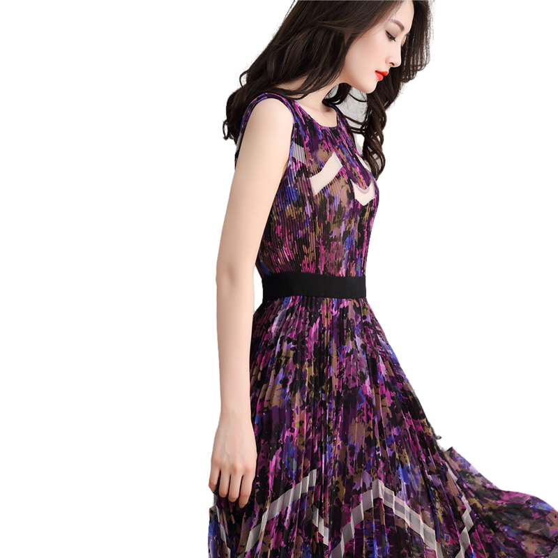 JJparty-V795 Women floral print chiffon color-block tulle-panelled pleated midi dress