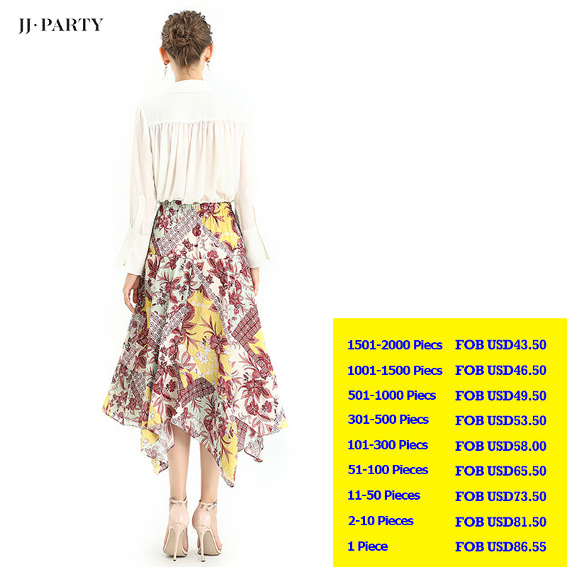 JJparty-S068-5 Women vintage print asymmetric panelled long flare handkerchief skirt