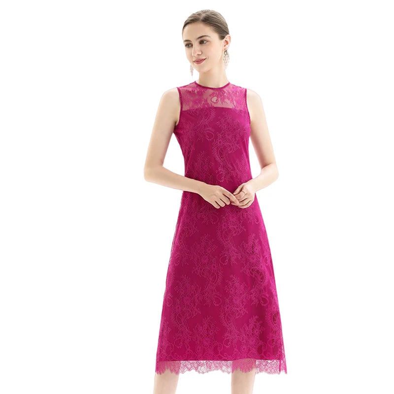 JJparty-D098-5 Women Floral eyelash lace sleeveless straight-cut party midi dress