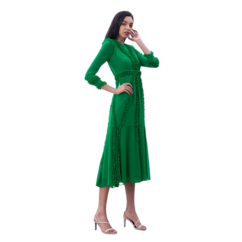 JJparty-D084 Women solid chiffon three quarters sleeves ruffle detailed midi party dress
