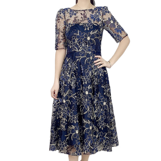 JJparty-D175 Women all-over floral embroidered sequinned short sleeves flared midi evening dress