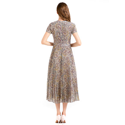 JJparty-D013 Women paisley print cap sleeves pleated midi day dress