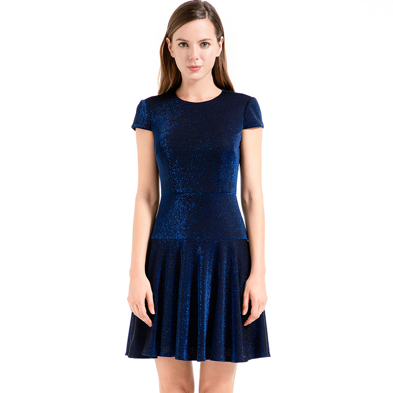 JJparty-D025 Women semi-sheer metallic knit round neck cap sleeves flared mini party dress