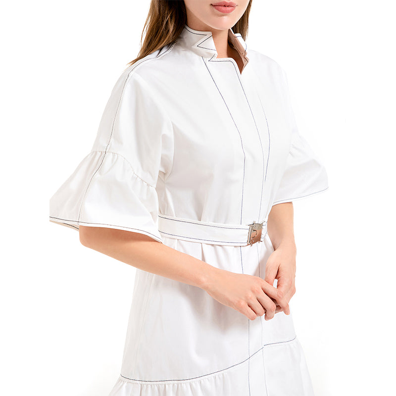 JJparty-D020 Women solid cotton twill short sleeves belted smart casual mini dress