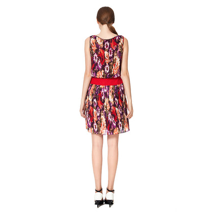 JJparty-D040 Women floral print boat neck sleeveless pleated mini party dress