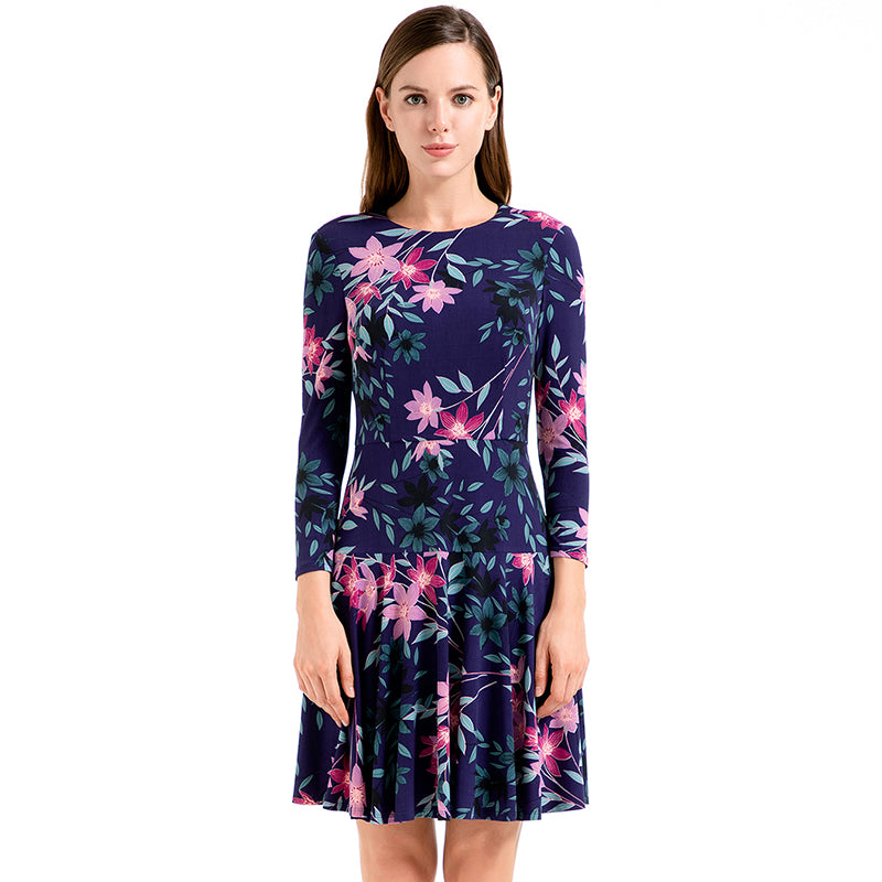 JJparty-D027 Women floral print round neck long sleeves flared mini day dress