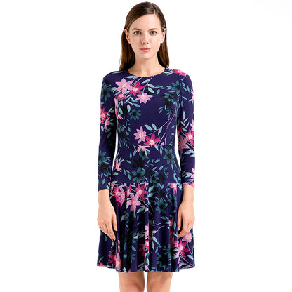 JJparty-D027 Women floral print round neck long sleeves flared mini day dress