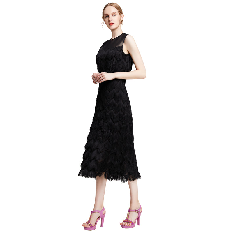 JJparty-D003 Women multi layers fringes sleeveless midi party dress