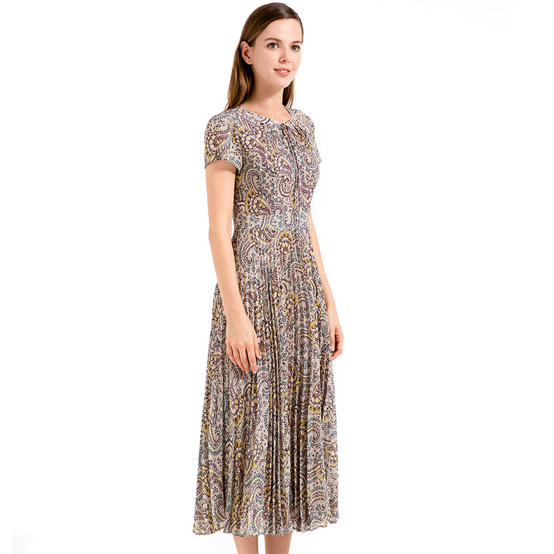 JJparty-D013 Women paisley print cap sleeves pleated midi day dress