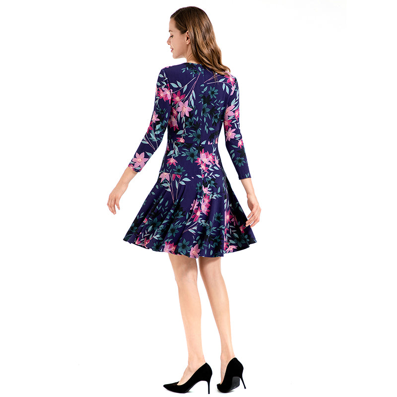 JJparty-D027 Women floral print round neck long sleeves flared mini day dress