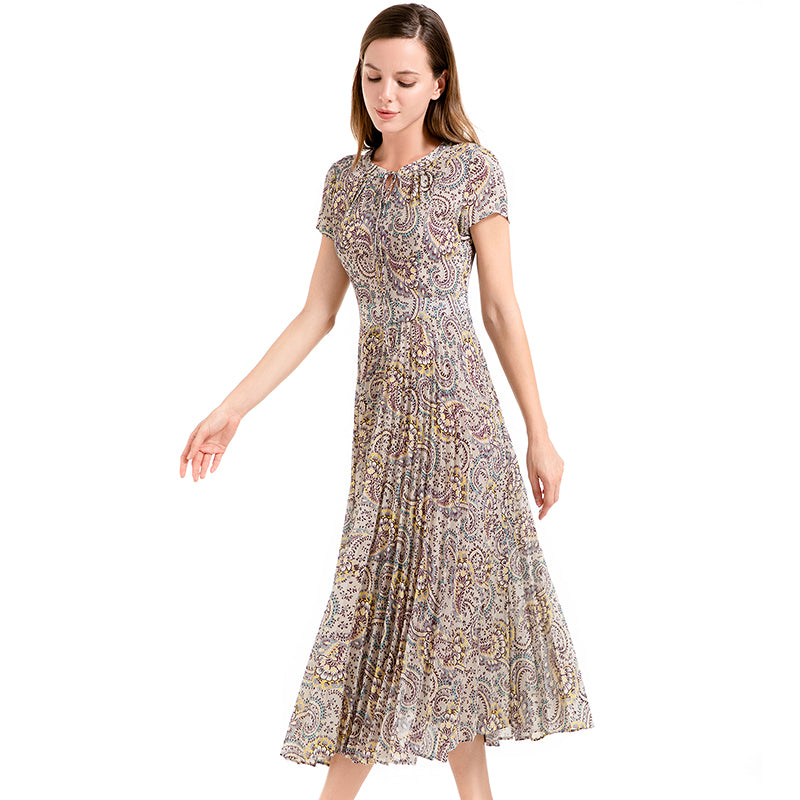 JJparty-D013 Women paisley print cap sleeves pleated midi day dress