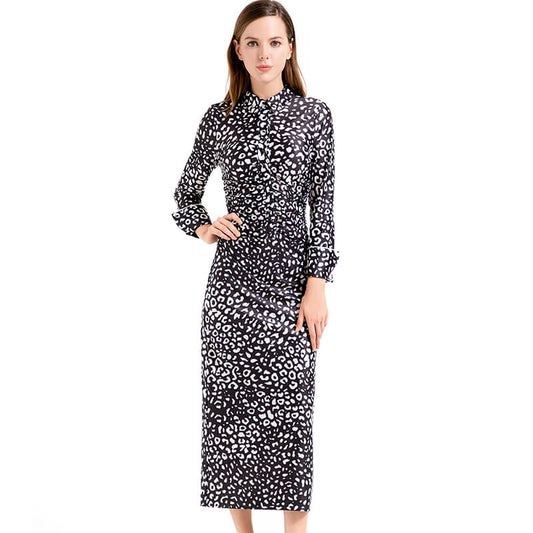 JJparty-D022 Women animal print long sleeves shirt collar midi day dress