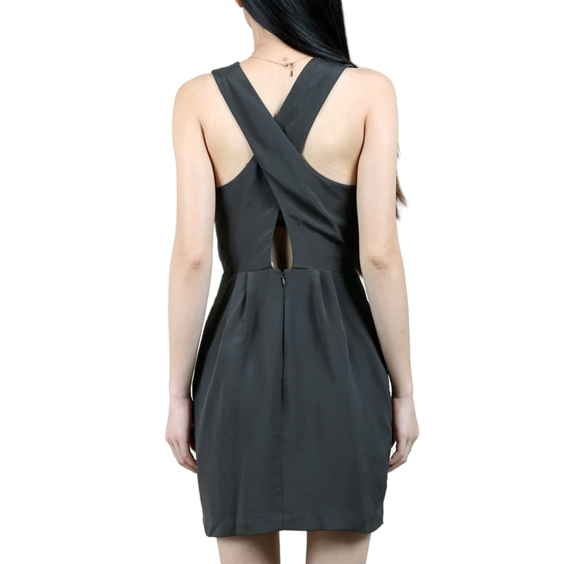 JJparty-N849 Women solid V-neck cross back sleeveless mock wrap cinched waist mini dress