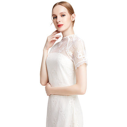 JJparty-D002 Women floral eyelash lace short sleeve midi fitted party dress