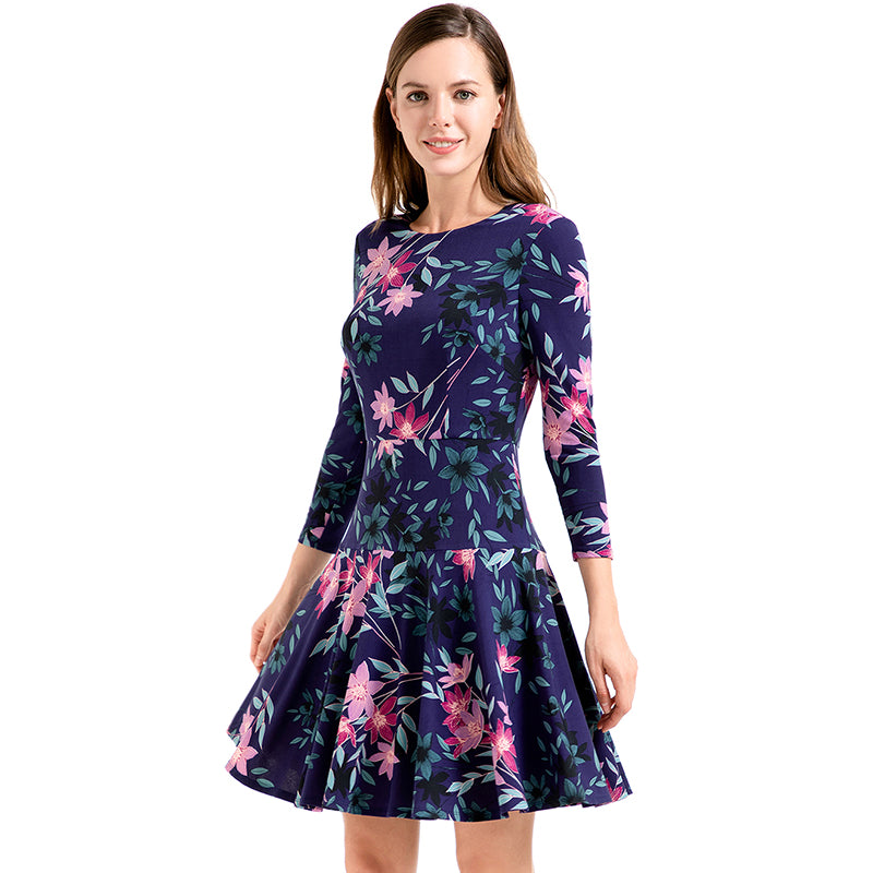 JJparty-D027 Women floral print round neck long sleeves flared mini day dress