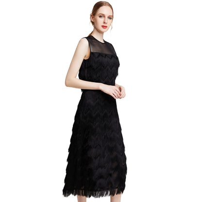 JJparty-D003 Women multi layers fringes sleeveless midi party dress