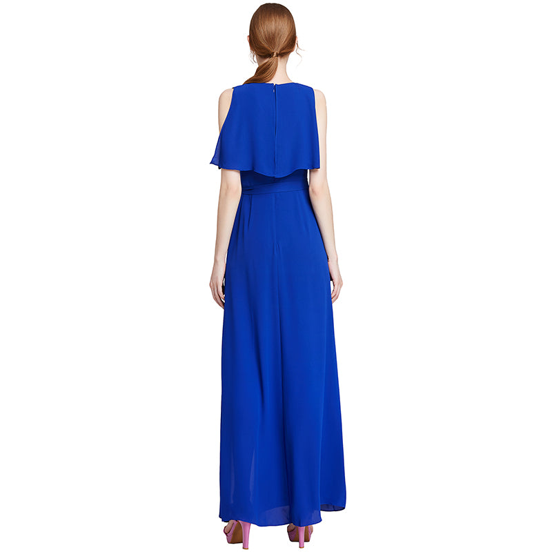 JJparty-D015 Women solid heavy georgette V neck maxi evening dress