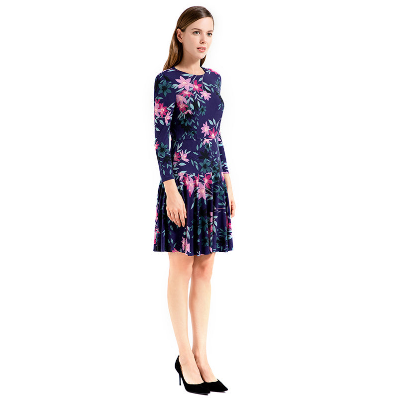 JJparty-D027 Women floral print round neck long sleeves flared mini day dress