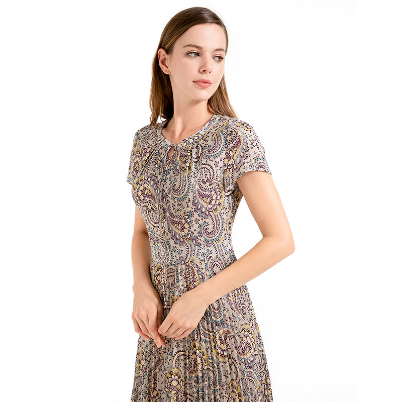 JJparty-D013 Women paisley print cap sleeves pleated midi day dress