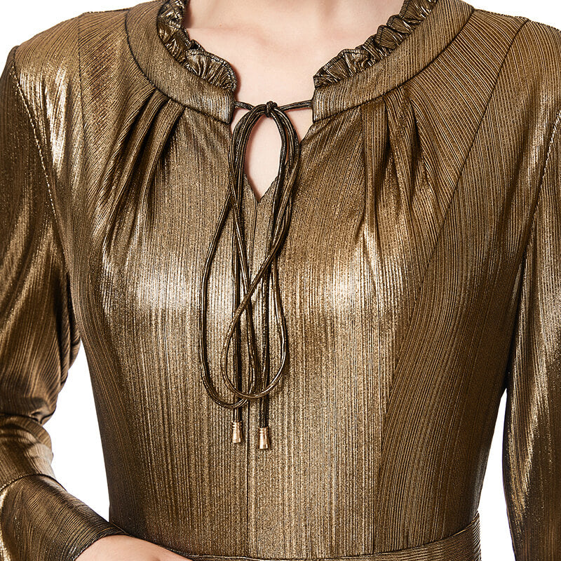 JJparty-D042 Women metallic knit long sleeves pleated handkerchief-hem midi party dress
