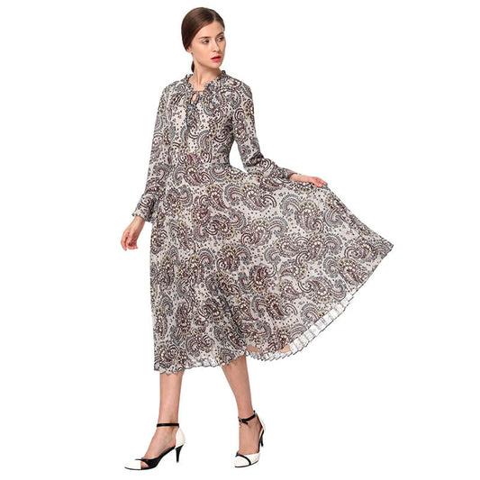 JJparty-D037 Women paisley print long sleeves sunburst pleated midi day dress