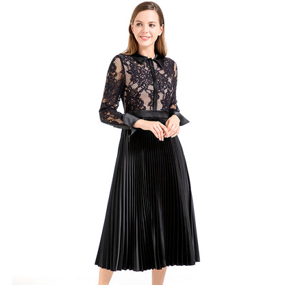 JJparty-D017 Women floral lace satin combo long sleeves shirt collar pleated midi party dress