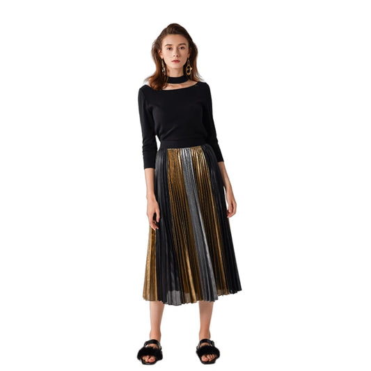 JJparty-C027A Women metallic printed color-block full circle sunburst pleated evening midi skirt